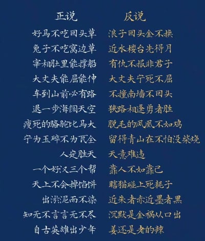 整张图以深蓝色为底色，采用左右分栏的对比设计，左栏为白色字体标注的“正说”板块，罗列了14句大众熟知的中文传统俗语；右栏为金色字体标注的“反说”板块，对应每一句正说的俗语，给出了语义完全相反的另一句常用俗语，直观展现了中文民间俗语会根据适用场景的不同出现完全相反的表达，既体现了传统经验类表述的灵活性，也因为强烈的语义反差具有趣味传播属性。