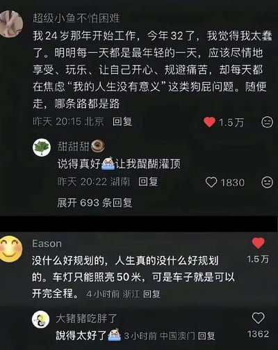 这是一张来自X.com的竖屏评论区截图，展示了两条引发广泛共鸣的高赞人生感悟评论：
1. 用户「超级小鱼不怕困难」分享自己32岁的人生反思，认为不应纠结于「人生意义」的焦虑，要尽情享受当下，人生没有固定路径；
2. 用户「Eason」用「车灯只能照亮50米，但车子能开完全程」的生动比喻，传递人生无需过度规划的态度。
两条评论均收获1.5万点赞，还有其他用户回复表示被点醒，整体氛围温暖治愈，精准消解了当代人常见的人生规划焦虑。