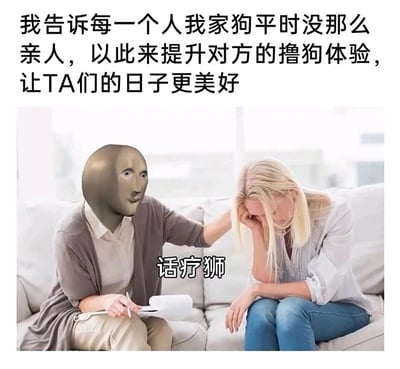 这是一张经过P图改编的搞笑梗图，采用剧场式构图的静态图文混排形式。画面模拟心理咨询场景，左侧是被替换成Meme人脸的“话疗狮”（谐音“心理咨询师”），它手持纸笔，做出安抚的动作；右侧是一位情绪低落、单手撑头蜷缩在沙发上的女士，看起来十分苦恼。画面上方配文为“我告诉每一个人我家狗平时没那么亲人，以此来提升对方的撸狗体验，让TA们的日子更美好”，画面中间标注有“话疗狮”的文字。这张图的笑点在于，作为“心理咨询师”的话疗狮没有关注来访者的负面情绪，反而自顾自地分享自己的生活小技巧，这种角色行为与场景的错位感制造出荒诞的搞笑效果，用调侃的方式消解了心理咨询的严肃感。