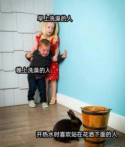 这是一张以洗澡习惯为主题的趣味梗图，通过将不同洗澡习惯的人群与图中形象对应，制造搞笑共鸣：画面里站在墙角后方、表情略带紧张的金发女孩对应“早上洗澡的人”；躲在女孩身前、大哭不止的小男孩对应“晚上洗澡的人”；木桶旁的黑色小兔子对应“开热水时喜欢站在花洒下面的人”。图中用形象的场景调侃不同洗澡习惯，尤其是最后一个设定，精准戳中了那些开热水时站在花洒下，会被突然升温的热水“突袭”的尴尬经历，让有类似经历的人会心一笑。