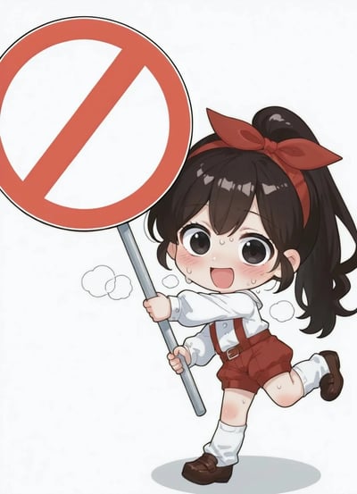 这是一张AI生成的Q版卡通风格插画，画面中的黑发高马尾女孩扎着红色蝴蝶结发带，身着白衬衫搭配红色背带短裤，脸上挂着汗珠，脸颊泛起红晕，带着元气又略带慌张的笑容，双手奋力举着一块空白的禁止通行标识牌，呈现出跑动的姿态。空白的标识牌可以自由添加内容，适合用来表达拒绝、禁止各类行为的情绪，是实用性很强的表情素材。