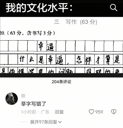 整张图分为上下两个部分，上半部分是经过改编的语文试卷写作题截图，顶部标注“我的文化水平：”，写作题总分63分，其中包含3分书写分，作文答题格子里的内容将“幸福”错写为“幸逼”，后续内容为“什么是幸逼，怎样才算是是值得深思的问题”，利用写错字导致语义变得粗俗离谱的反差来自嘲文化水平低、提笔忘字；下半部分是该内容的社交平台评论区，显示总共有204条评论，获赞最高的评论来自用户“痕”，内容为“草字写错了”，该评论获得959个赞，发布地点为广东，还有97条待展开的回复，评论精准点破错字的吐槽进一步增强了内容的搞笑效果。
