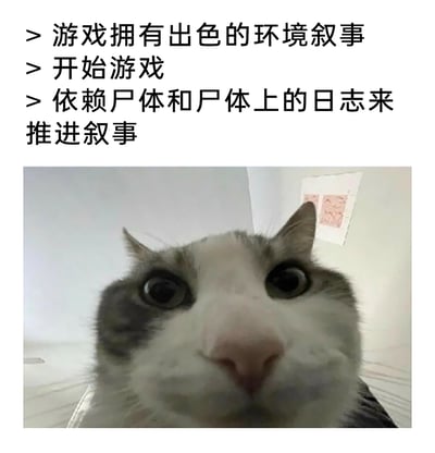 这是一张图文混排的吐槽类梗图，上方用三段文字制造反差：先是以“游戏拥有出色的环境叙事”拉高玩家期待，接着“开始游戏”过渡，最后转折揭露实际是“依赖尸体和尸体上的日志来推进叙事”；下方搭配一张眼睛瞪大、表情震惊错愕的猫咪特写图片，用猫咪的反应来具象化玩家发现游戏叙事套路后的错愕、无语心情，调侃部分游戏宣传的“出色环境叙事”名不副实，只是单纯依靠收集尸体上的日志来推进剧情，与玩家的预期形成巨大落差。