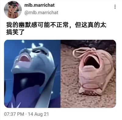 这是一张来自社交平台的用户发布内容截图，属于左右对比的搞笑梗图。左侧是法国动画《瓢虫雷迪》中的反派角色暗影蛾，他仰头大张着嘴，表情夸张，呈现出呐喊的姿态；右侧是一只落在沙地上的粉色鞋子，由于摆放角度和自身结构，鞋口大张的模样与左侧动画角色的造型高度相似。配文“我的幽默感可能不正常，但这真的太搞笑了”，体现出发布者对这个巧合撞脸的趣味调侃，通过将动画角色与日常物品的相似形态进行对比，营造出荒诞又滑稽的搞笑效果。