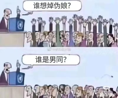 这是一张上下对比的连环卡通梗图，上图里站在讲台的演讲者提问“谁想焯伪娘？”，台下的听众们纷纷高举双手，表现出极为积极的态度；下图中演讲者的提问换成“谁是男同？”，原本举手的听众立刻全部放下手，还有人偷偷溜走，形成了强烈的行为反差。这张图通过这种前后反差制造笑点，调侃了部分人群对伪娘感兴趣却不愿承认自己是男同的矛盾心态。