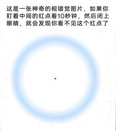 这是一张图文混排的视错觉趣味测试图，上方配有引导性说明文字，图面主体为一个边缘模糊的浅蓝色渐变圆环，圆环正中心有一个醒目的红色小点，背景为纯白色，圆环外侧还零星分布着一些白色小点点缀。说明文字指导观看者进行视错觉体验：盯着中间的红点注视10秒钟后闭上眼睛，此时会出现看不见红点的视觉效果，这一现象的原理是眼睛的视锥细胞长时间接收红色刺激后产生视觉适应，闭眼后该区域的视觉暂留效应使得大脑暂时无法感知红点的存在。