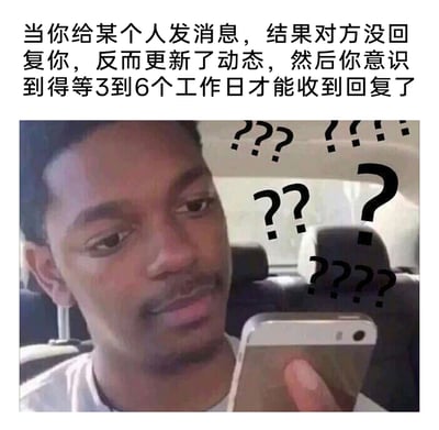 这是一张图文混排的网络搞笑表情包，上方配文描述了一种常见的社交尴尬场景：当给他人发送消息后，对方没有回复自己，却更新了社交动态，此时就能意识到自己的消息可能要等3到6个工作日才能得到回复，用夸张的时间表述调侃对方故意不回消息的行为。下方是一名黑人男子坐在车内，手持手机注视着屏幕，脸上满是疑惑不解的神情，画面中还布满了问号，生动地传递出当事人遇到这种情况时的困惑、无语又无奈的情绪。