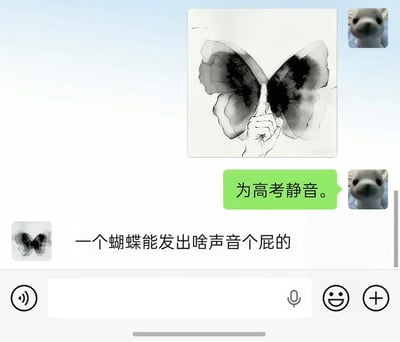 这是一张竖版手机社交聊天界面截图，画面上方首先展示了一张水墨风格插画：一只手做出竖食指放在唇前的噤声手势，手指恰好位于黑灰色水墨蝴蝶的两片翅膀中间，视觉上仿佛在捂住蝴蝶的“嘴”。发送该插画的用户头像是灰色海豹玩偶，随后发送绿色气泡消息“为高考静音。”，是借“蝴蝶”谐音“胡喋（指代喋喋不休、胡言乱语）”的谐音梗，呼应高考期间保持安静的号召；后续头像是同款水墨蝴蝶的用户回复“一个蝴蝶能发出啥声音个屁的”，显然没有理解前者的玩梗意图，直白的吐槽形成强烈反差笑点，是非常有网感的搞笑聊天内容。