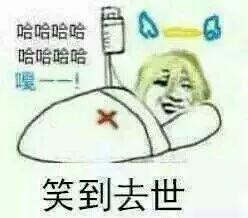 这是一张经过P图改编的搞笑网络梗图，将表情夸张扭曲的卡通人脸与插着点滴的病床场景合成在一起，病床被子上带有红色叉号。图中左上角配有重复的“哈哈哈哈哈哈”和拟声词“嘎——”，底部标注文字“笑到去世”，用极度夸张的画面效果，来形容遇到的内容过于好笑，仿佛笑到“失去生命”的程度，是用来表达强烈笑点的趣味表情包，常用于聊天时传递自己被逗笑的夸张状态。