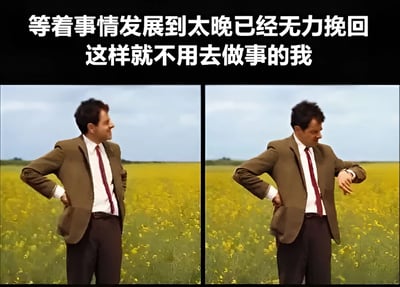 这是一张左右对比的梗图，左侧画面中一名穿着棕色西装、红色领带的男子站在黄色花田中，双手叉腰望向远方；右侧画面中同一男子保持相似姿势，但低头查看左手手腕上的手表。图片上方配有文字："等着事情发展到太晚已经无力挽回 这样就不用去做事的我"，幽默地表达了一种消极拖延、逃避责任的心态，通过等待事情恶化到无法挽救的地步来避免采取行动。