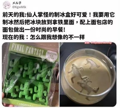 左右对比图展示了理想与现实的差距：左侧是Final Fantasy主题的仙人掌怪（Cactuar）硅胶制冰盒，绿色模具造型可爱，包装印有游戏LOGO；右侧是实际使用场景，拿铁中的仙人掌冰雕因融化和形态显得有些滑稽，与期待中的时尚早餐效果反差强烈。上方配文‘前天的我’兴奋规划用冰盒制作时尚早餐，‘现在的我’则困惑于现实与想象的差距，形成幽默的生活吐槽。