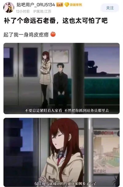 这是一张百度贴吧用户分享的动漫观看感受截图，包含用户评论和两张《命运石之门》的动画截图。用户表示观看这部老番后感到害怕，起了一身鸡皮疙瘩。第一张截图显示一位红发女性角色在电车上对一位坐着的男性角色说话，第二张截图是该女性角色的特写镜头。