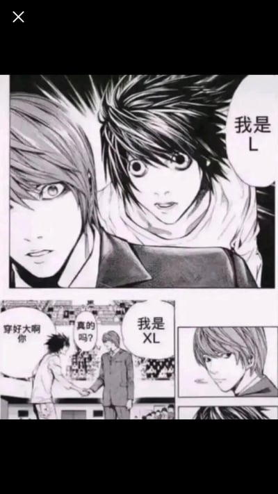 这是一张改编自经典漫画《死亡笔记》的搞笑二次创作梗图，截取原作中L向夜神月自报身份“我是L”的场景，延伸出无厘头的后续剧情：夜神月回应“我是XL”，L疑惑地追问“真的吗？”还补了一句“你穿好大啊你”，玩了“L”和衣服尺码“XL”的谐音梗，制造出反差搞笑的效果，最后一格的夜神月表情显得无奈又配合，让整个梗的无厘头感拉满。