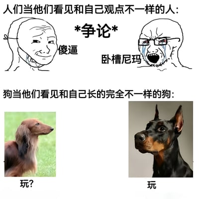这张梗图通过上下对比的方式，展示了人类面对观点不同的人时倾向于争论，而不同品种的狗狗见面时则愿意一起玩耍的有趣对比。上半部分使用暴走漫画风格描绘了两个人因观点不同而互相辱骂争吵的场景，下半部分则用真实狗狗照片展示了不同品种的狗友好互动的画面。