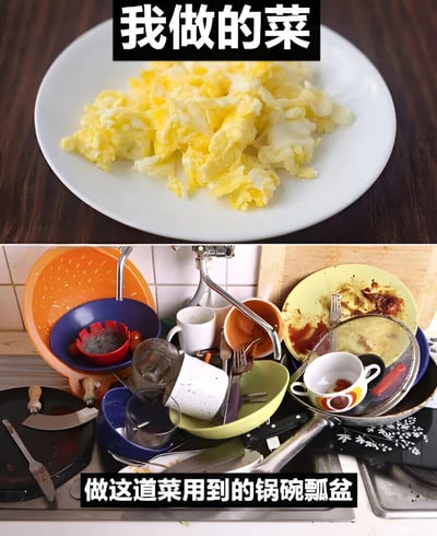 图片分为上下两部分，形成鲜明对比。上半部分是一个白色盘子，里面装着看起来比较普通的黄色炒鸡蛋，盘子上方有黑色背景白色文字“我做的菜”。下半部分则是一个堆满各种脏锅碗瓢盆的水槽，里面有彩色的碗、杯子、锅铲、刀具等，显得十分杂乱，下方有黑色背景白色文字“做这道菜用到的锅碗瓢盆”。图片通过夸张的对比，幽默地展现了做一道简单的菜却使用了大量厨具，导致厨房一片狼藉的场景，带有自嘲和搞笑的意味。