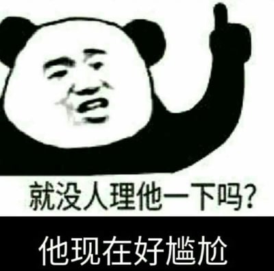 这是一张黑白熊猫头P图改编表情包，用熊猫的身体搭配带有戏谑感的真人脸部表情，熊猫举起一根手指，下方配文“就没人理他一下吗？他现在好尴尬”。图中表情带着看热闹的起哄感，用来调侃社交场景里有人发言被冷落、陷入冷场的尴尬状况，适合在群聊、朋友圈等社交场景中发送，制造笑点，烘托戏谑的氛围。