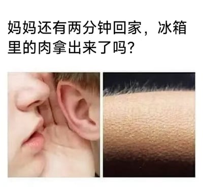 这张梗图采用上下图文混排加左右对比的结构，顶部配文为生活化的提问“妈妈还有两分钟回家，冰箱里的肉拿出来了吗？”，下方左侧是真人侧脸的局部特写，画面中人物正将手凑近耳朵，呈现出听到消息后仔细确认的状态；右侧是一块带细小绒毛的冷冻生肉，其外形、纹理与左侧的人耳高度相似，创作者利用二者的视觉相似性制造笑点，仿佛是在回应配文的提问时，将自己的耳朵当成了从冰箱里取出的肉，趣味十足。