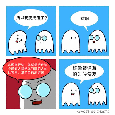 这是一幅四格连环卡通漫画，以鬼魂为主题展开黑色幽默故事：第一格中，一脸疑惑的新鬼向戴眼镜的老鬼询问“所以我变成鬼了？”；第二格老鬼平淡地回应“对啊”；第三格老鬼神情严肃，用红色对话框郑重告知新鬼“从现在开始，你就得活在这个所有人都把你当透明人的世界里，漫无目的地游荡”；第四格新鬼恍然大悟，开口说道“好像跟活着的时候没差”，老鬼则露出无奈的神情。漫画通过鬼魂的设定，讽刺了现实中有些人如同“透明人”一般活着，不被他人重视，存在感极低，日常状态就像漫无目的地游荡，即便死后成鬼，处境也没有任何变化，充满了黑色幽默与现实讽刺意味。