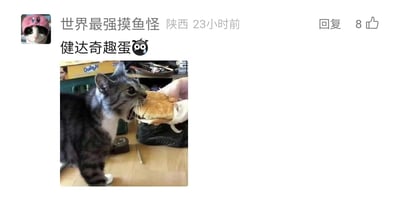 这是一条来自国内社交媒体的评论内容，用户“世界最强摸鱼怪”（IP显示为陕西）发布于23小时前，配文“健达奇趣蛋”并附带一个惊讶表情，同时搭配了一张创意梗图。图中一只前爪装有白色小假肢的猫正张大嘴巴，用力咬向被人递过来的汉堡，而汉堡的夹层中也露出一个类似小假肢的物体，该画面巧妙对应了健达奇趣蛋“一半是食物、一半是玩具”的经典产品设定，将汉堡对应“食物”，假肢对应“玩具”，以此制造出荒诞搞笑的玩梗效果，这条评论获得了8个点赞。