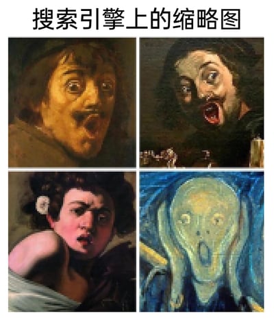这是一张四格拼接的搞笑图片，顶部配有文字“搜索引擎上的缩略图”，四个格子分别展示了四幅经典西方油画在搜索引擎低分辨率缩略图下的样子：左上是一幅古典男性肖像油画，人物大张嘴的惊讶表情因像素化变得扭曲滑稽；右上是另一幅古典男性油画，人物双眼瞪大、张嘴的夸张表情在像素化后更显怪异；左下是古典女性肖像油画，女子侧身回头，惊讶的表情被像素化得颇具喜感；右下是爱德华·蒙克的经典作品《呐喊》，原本充满惊恐的形象在低分辨率下变得怪异又搞笑。整张图通过展示名画在低画质下的魔性变形，调侃了搜索引擎缩略图的低分辨率效果，制造出高雅艺术与搞笑魔性的强烈反差。