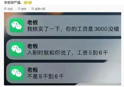 这是一张经典的微信聊天截图梗图，讲述了员工向老板询问工资时被对方“玩文字游戏”的搞笑情景。老板称工资是3000，理由是入职时说的是工资“5到6千”，但不是“5千到6千”，而是“5到6等于等于3000”，利用了中文语言的双关和谐音梗，让人觉得啼笑皆非，体现了职场中老板“严格”、“抠门”又喜欢玩文字把戏的形象，属于典型的幽默黑色职场段子。谐音梗和文字游戏是该梗的亮点。