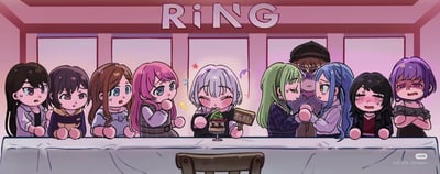 这是一张Q版风格的BanG Dream! It's MyGO!!!!!同人插画，描绘了10位角色在名为“RiNG”的咖啡馆长桌前的不同状态：
1. 左侧四位角色（长崎爽世、高松灯、千早爱音、若叶睦）均露出惊讶、担忧的神情，额头冒汗，齐刷刷看向中间的仓田真白；
2. 中间的仓田真白满脸红晕，正满足地享用抹茶甜品，还举着写有“有趣”的小牌子，完全沉浸在美食的快乐中；
3. 中间偏右的井芹仁菜与要乐奈正在掰手腕，两人都专注较劲，把夹在中间的男性工作人员挤得表情无奈；
4. 最右侧的椎名立希满脸通红、眼眶含泪，神情窘迫；八幡海铃则双臂抱胸，皱着眉头，一脸生气不满。
整幅图用Q版的夸张画风展现了角色们的反差萌，充满趣味性。