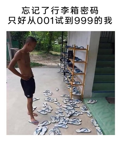 这是一张趣味梗图，上方配有文字“忘记了行李箱密码只好从001试到999的我”。画面中，一名赤裸上身、穿着黑色短裤的男子单手叉腰，低头注视着地面和鞋架上数量极多的同款人字拖，神情无奈又崩溃。创作者用大量重复的人字拖来具象化“从001试到999密码”这个繁琐、重复且枯燥的过程，将抽象的疲惫感转化为视觉冲击，生动调侃了人们在生活中遇到这类无奈小窘境时的崩溃状态，充满搞笑效果。