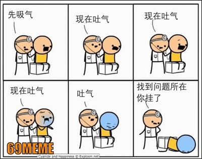 这是一张改编自国外知名暗黑幽默漫画《Cyanide & Happiness》（氰化欢乐秀）的中文梗图。内容是一位医生让病人依次“吸气”、“吐气”，多次后病人面色发青，最后“挂了”，医生冷静地说“找到问题所在，你挂了”。整体是一种荒诞黑色幽默，结尾是“死亡”与“找出原因”形成反差，表达了“无力吐槽/被折磨致死”的无奈和搞笑氛围。可能暗示某些看病流程形式化、象征职场或学习压力被反复折磨后“挂掉”。

梗图最后一格“找到问题所在，你挂了”有‘挂了’双关（网络语“挂了”有“死掉、结束”之意）。