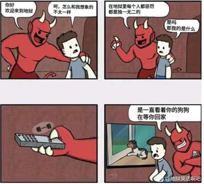 四格连环漫画描绘地狱场景：红色恶魔搂着刚到地狱的男人，男人疑惑地狱与想象不同。恶魔解释每个人的惩罚独一无二，男人询问自己的惩罚。恶魔递出遥控器说“看一看”，电视画面显示一只狗趴在窗边等待主人回家，男人震惊崩溃。漫画通过反转手法，将“惩罚”设定为观看宠物等待自己的悲伤场景，用黑色幽默展现情感层面的痛苦折磨。