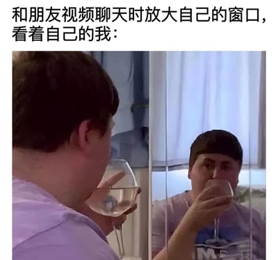 这张梗图展示了一个人在视频聊天时放大自己窗口后的有趣对比。左侧是当事人自己的视角，看到的是自己优雅地拿着酒杯喝水；右侧则是视频窗口中显示的自己，表情略显尴尬和不自然。这种自我观察与他人视角的反差幽默地表现了人们在视频聊天时关注自己形象的普遍现象。
