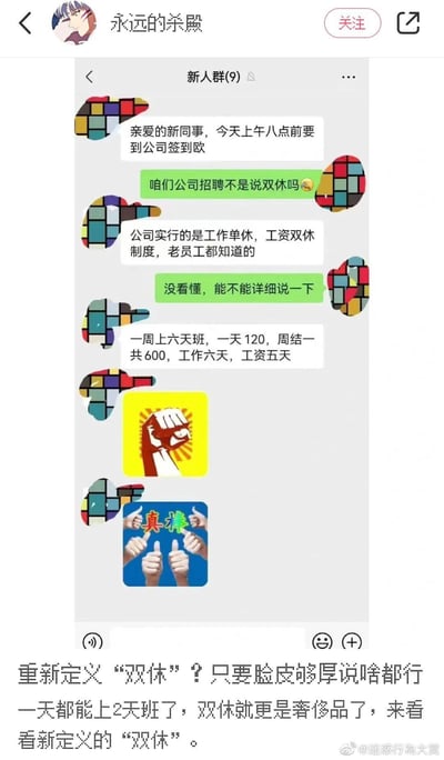 这是一张职场吐槽类的聊天记录截图，内容是公司新人群中，HR通知新人周六签到，新人质疑招聘时承诺的双休，HR给出了所谓“工作单休，工资双休”的解释，详细说明为一周上6天班，日薪120元，但周结只发5天的600元，相当于其中1天是无偿加班。新人随后发送了握拳愤怒的表情包和“真棒”的反讽表情包，表达不满。图片下方的配文吐槽这种重新定义“双休”的离谱操作，讽刺公司不合理的霸王条款，展现了打工人面对职场不公时的无奈与愤怒。