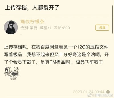这是一张来自某游戏论坛的帖子截图，帖子标题为“上传存档，人都裂开了”，发帖用户ID为“痛饮柠檬茶”，等级为学徒，威望值1，累计发帖200条。用户在帖子中分享了自己的搞笑经历：在百度网盘中发现一个标注“极品”的12G压缩文件，因好奇开通会员下载，结果发现内容是游戏《极品飞车》，与自己预期的“极品”内容产生巨大落差，因此崩溃吐槽，帖子末尾搭配了一个双手捂脸、表情崩溃的双马尾卡通女孩表情，帖子发布时间为2023年1月24日00:44，截图右下角带有微博账号“迷惑行为大赏”的水印。