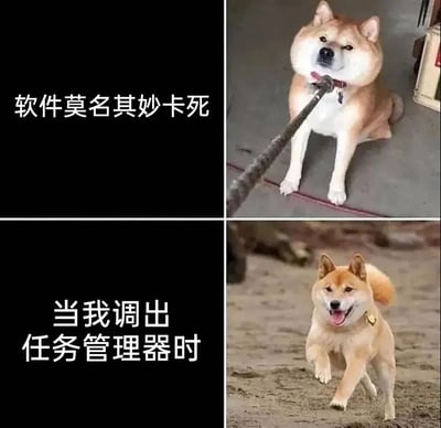 这是一张上下两排的图文混排梗图。上排左侧黑色背景配白色文字“软件莫名其妙卡死”，右侧是一只表情平静的柴犬坐着被绳子牵着；下排左侧同样黑色背景配白色文字“当我调出任务管理器时”，右侧是同一只柴犬兴奋地在沙地上奔跑。通过柴犬前后状态的对比，幽默地表现了用户面对软件卡死时的无奈，以及调出任务管理器解决问题后的轻松愉悦。