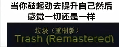图片分为上下两个区域，上半部分为白色背景搭配黑色粗体文字，内容为“当你鼓起劲去提升自己然后感觉一切还是一样”；下半部分为深色背景搭配模糊的黄绿色文字，包含中文“垃圾（重制版）”和英文“Trash (Remastered)”。这张图用游戏圈常见的“重制版”概念做比喻，自嘲自己鼓起努力提升自我后，本质状态却没有任何改变，就像游戏重制版仅优化了表现形式、核心内容却依旧，以此表达自我提升过程中的无力感与挫败情绪，没有双关、谐音等特殊梗。