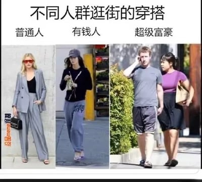 这张图片通过对比普通人、有钱人和超级富豪在日常逛街时的穿衣风格，调侃了不同社会阶层的人士消费观与外在表现。左边是穿着较为正式得体的普通人，中间是偏休闲运动风的有钱人，右侧则是穿得极其朴素甚至有点随意的超级富豪夫妻。用夸张反差构成一种幽默感，也带出“真正有钱的人往往穿得最随便”的网络流行观点。

无明显谐音梗，但有一定的反差幽默和阶层审美暗示。