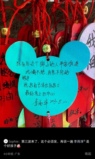 这是一张竖屏实地拍摄的照片，画面主体是一块蓝绿色米奇头形状的木质祈福许愿牌，它被悬挂在挂满红色祈福牌的祈福墙上，搭配红色挂绳和带有花纹的装饰珠子。许愿牌上手写着温暖的内容：先是祝福所有看到这个牌子的人平安顺遂、吃喝不愁、有花不完的钱，接着表达了自己的心愿，希望能活出自我，并且考上四中，落款为李雨泽，日期是2023年8月22日。图片下方是社交媒体的评论区域，用户Sophie发布了这条内容，配文表示“第三波来了，这个必须发，再说一遍 李雨泽是个好孩子”，标注发布于6小时前，地点为广东。整个画面充满治愈感，许愿牌的内容既饱含对陌生人的善意祝福，也包含了自己的成长与升学期许。
