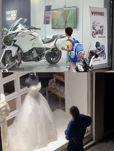 图片由上下两张真实场景照片拼接而成。上图中，一名背着蓝色卡通书包的小男孩站在摩托车店橱窗外，正专注地凝视着一辆白色摩托车，旁边的宣传海报标注价格“¥999980”，店内墙上还挂着“EXPERIENCE MORE TOGETHER”的英文标语；下图中，另一名孩子站在婚纱店橱窗前，仰头注视着一件陈列的白色婚纱，橱窗内还有其他服饰陈列。两张图片通过相似的“橱窗凝视”动作形成对比，展现了不同孩子可能拥有的纯真梦想——一个向往机械与速度，一个憧憬浪漫与美好。