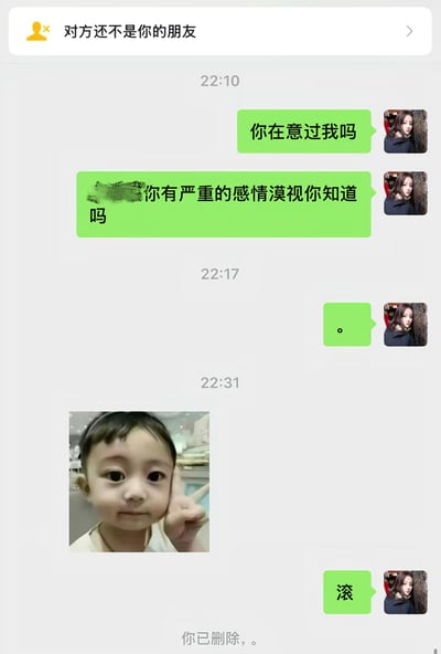 这是一张微信聊天界面截图，界面顶部显示“对方还不是你的朋友”的提示，说明聊天对象已经不是发送绿色消息用户的好友。绿色消息方先后在22:10发送“你在意过我吗”“你有严重的感情漠视你知道吗”两条消息，未得到对方回复后，在22:17发送了一个句号，22:31先发送了一张小男孩无辜脸比手势的表情包，紧接着发送了“滚”字，最后界面底部显示“你已删除，。”字样，完整呈现了发送方在感情中得不到回应后情绪崩溃最终删除对方的过程。