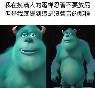 图片上方为黑色文字“我在擁滿人的電梯忍著不要放屁 但是我感覺到這是沒聲音的那種”，下方是两张《怪兽电力公司》中萨利怪兽的截图拼接。左侧萨利面部特写，眉毛微蹙，嘴角勉强上扬，眼神透露出紧张和忍耐；右侧萨利全身站立，身体放松，嘴角自然上扬，表情自信。通过动画角色的表情变化，幽默展现了在拥挤电梯中憋屁时从紧张到因“无声屁”而稍显安心的心理活动，属于日常糗事类搞笑梗图。
