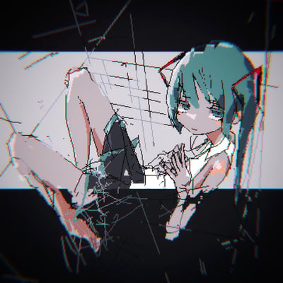 画面中央是一位蓝绿色短发的动漫少女，她侧身坐在网格状背景前，双腿微微抬起，双手交叠放在身前。整体画面采用像素风格呈现，并添加了故障艺术效果，包括扫描线、几何线条撕裂和色彩偏移，营造出复古电子屏幕的视觉质感。角色穿着白色上衣和深色短裙，眼神平静地望向斜前方，背景为简约的灰白网格与黑色边框，四周环绕着不规则的彩色线条干扰效果，呈现出赛博朋克与复古科技融合的美学风格。