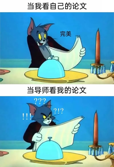 两张对比图展示了汤姆猫看论文的不同反应。上图汤姆自信满满地看着论文，配文'完美'，标题为'当我看自己的论文'；下图汤姆满脸困惑和震惊，周围有'???'和'!!!'符号，标题为'当导师看我的论文'。通过夸张的表情对比，幽默地表现了学生和导师对同一篇论文的不同评价视角。