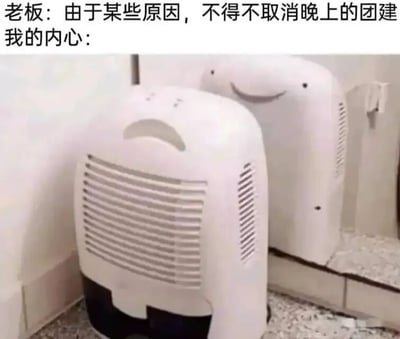 图片上方文字为'老板：由于某些原因，不得不取消晚上的团建 我的内心：'，下方是两台白色除湿机（或类似家电），机身设计类似笑脸，并排放在角落，仿佛在开心庆祝。通过家电的'笑脸'形象幽默表达了员工听到团建取消时的内心狂喜情绪。