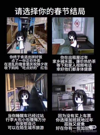 这是一张四格的春节主题梗图，采用手绘卡通人物搭配真实场景照片的形式，展现了四种在外打拼年轻人无法回家过年的真实处境：
1. **宿舍过年**：退出拼好饭点了正价外卖，在凌乱宿舍里过除夕，收下妈妈的红包
2. **出租屋过年**：吃着家乡碱水面和廉价热奶茶，准备和家人视频，庆幸家人身体健康
3. **坐过站滞留**：睡醒发现火车已过站，看着大包小包的行李懊悔，只能自我安慰可以在陌生城市旅游
4. **加班过年**：没买到回家车票，选择就地加班，孤独疲惫但有加班费慰藉

整体用略带心酸又贴近现实的场景，精准戳中异乡年轻人的春节痛点，引发强烈共鸣，图中无谐音梗、双关或暗示内容。