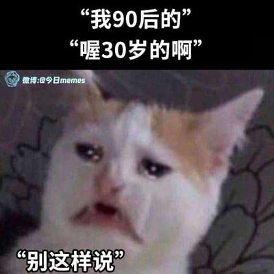 图片中是一只白色和橘色相间的猫，表情悲伤无奈，抬头注视前方。上方配有文字“我90后的”“喔30岁的啊”，下方文字“别这样说”，形成一个幽默场景：当90后被直接说“30岁”时的无奈反应，猫的表情完美契合这种扎心又搞笑的情绪。