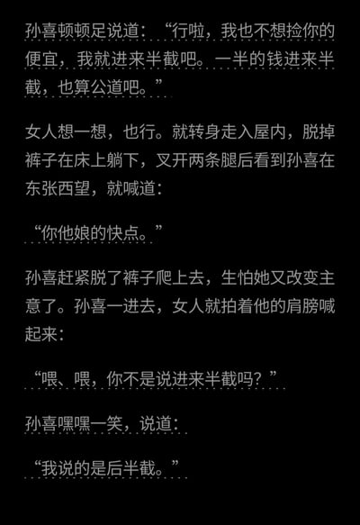 这是一则低俗搞笑的纯文字段子：孙喜和一名女人谈好以半价进行性交易，只‘进来半截’，女人配合躺好后催促孙喜，孙喜上床后，女人发现他没有遵守约定，孙喜却狡黠地表示自己说的是‘后半截’，通过对‘半截’的双关歧义制造笑点。

双关说明：这里利用‘进来半截’的字面歧义，将约定的‘进入一半’偷换为‘进入后半段’，玩低俗文字游戏。