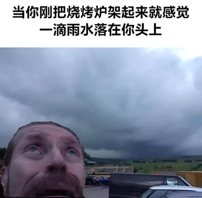 图片上半部分为黑色文字：'当你刚把烧烤炉架起来就感觉一滴雨水落在你头上'，下半部分是一张真人照片，画面中人物抬头仰望天空，背景是厚重的乌云和远处的绿地、停车场，整体营造出一种计划好的烧烤被突如其来的雨水打断的无奈又搞笑的氛围。
