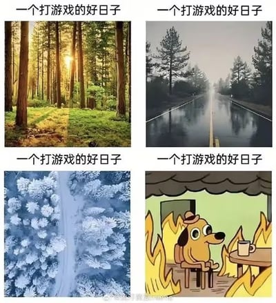 四格拼图梗图，每格上方均有文字“一个打游戏的好日子”。左上为阳光透过树林的明亮森林，右上为雨后湿润的道路，左下为白雪覆盖的林间小路，右下为卡通风格的黄色小狗坐在燃烧的房间里，面前桌上放着咖啡杯。通过不同天气（晴、雨、雪）及危机场景（失火）与统一文字形成反差幽默，暗示无论何种情况都是打游戏的好日子。