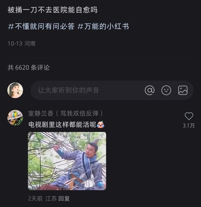 这是一张小红书平台的用户提问帖截图，帖子标题为"被捅一刀不去医院能自愈吗"，附带话题#不懂就问有问必答 #万能的小红书，发布于10月13日河南，累计获得6620条评论。其中一条热门评论来自用户"室静兰香（骂我双倍反弹）"，评论内容为"电视剧里这样都能活呢"并搭配哭笑不得的表情，同时附上一张古装影视剧截图，图中一名身着古装的男子被多支箭射中，身体姿态狼狈，表情痛苦惊讶，以此调侃影视剧中常见的违背现实医学常识的情节——人物受重伤后无需专业医疗救治就能存活，与现实中受伤必须及时就医的常识形成鲜明对比，引发网友对影视剧情合理性的讨论。