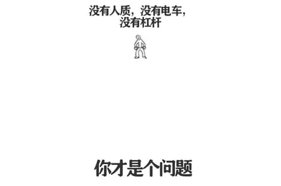 图片为静态单图，采用图文混排形式。上方文字为“没有人质，没有电车，没有杠杆”，中间是一个简笔画风格的 stick figure（双手叉腰站立），下方文字为“你才是个问题”。整体构图简洁，通过排除常见问题元素（人质、电车、杠杆），幽默地指出被针对者本身才是问题所在，带有调侃和讽刺意味。
