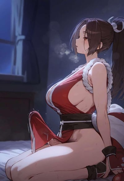 夜晚的房间内，《拳皇》系列的经典角色不知火舞跪坐在床榻上，身着标志性的红色露肤忍者服饰，身体布满汗珠，神态慵懒微喘，呈现出私密的成人向场景，属于AI生成的二次元同人创作内容。